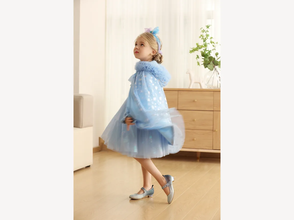 Girl wearing a blue hooded princess cape